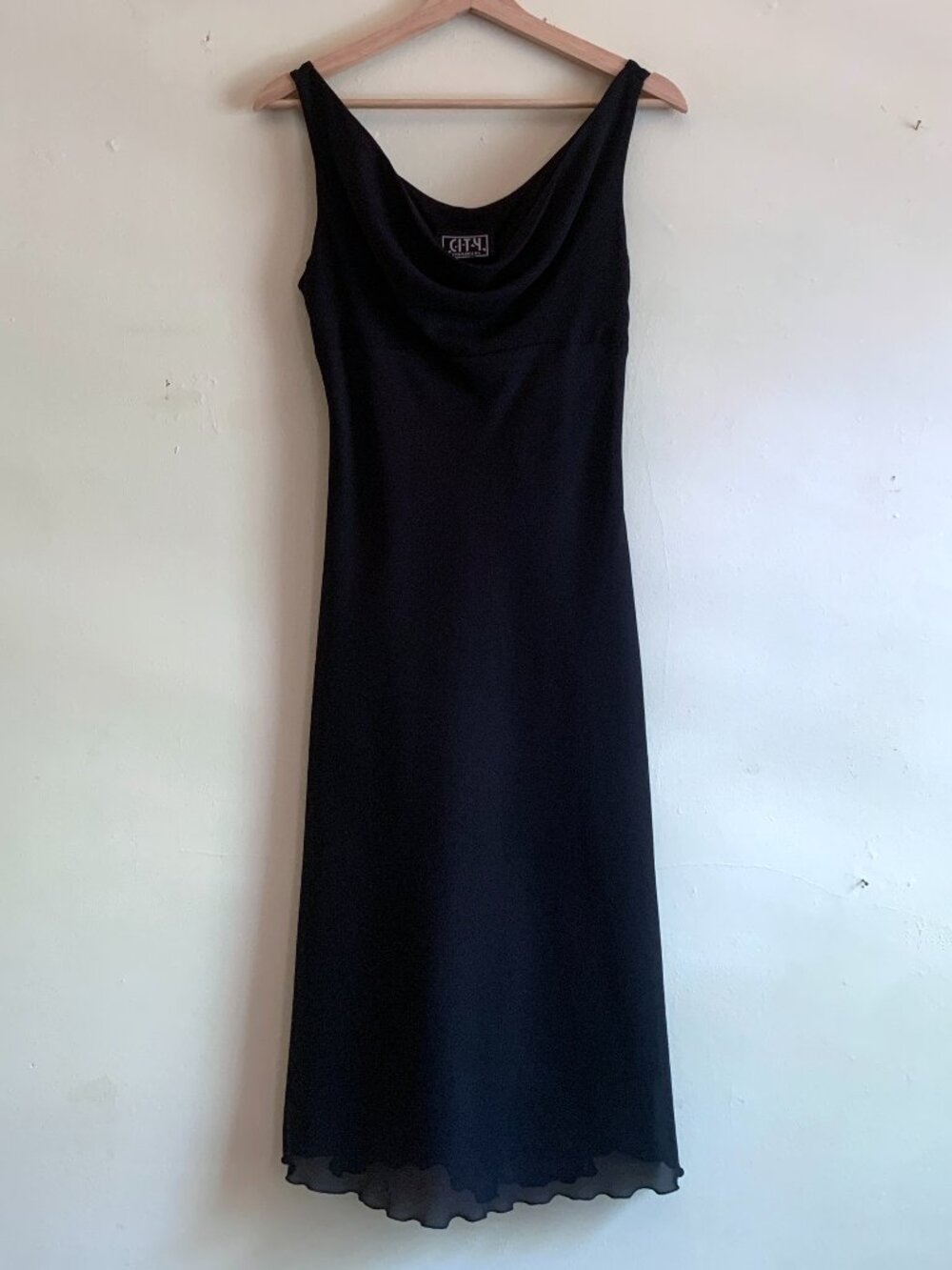 VINTAGE y2k City Triangles Cowl Neck Black Midi Dress Size 4 Slip Dress